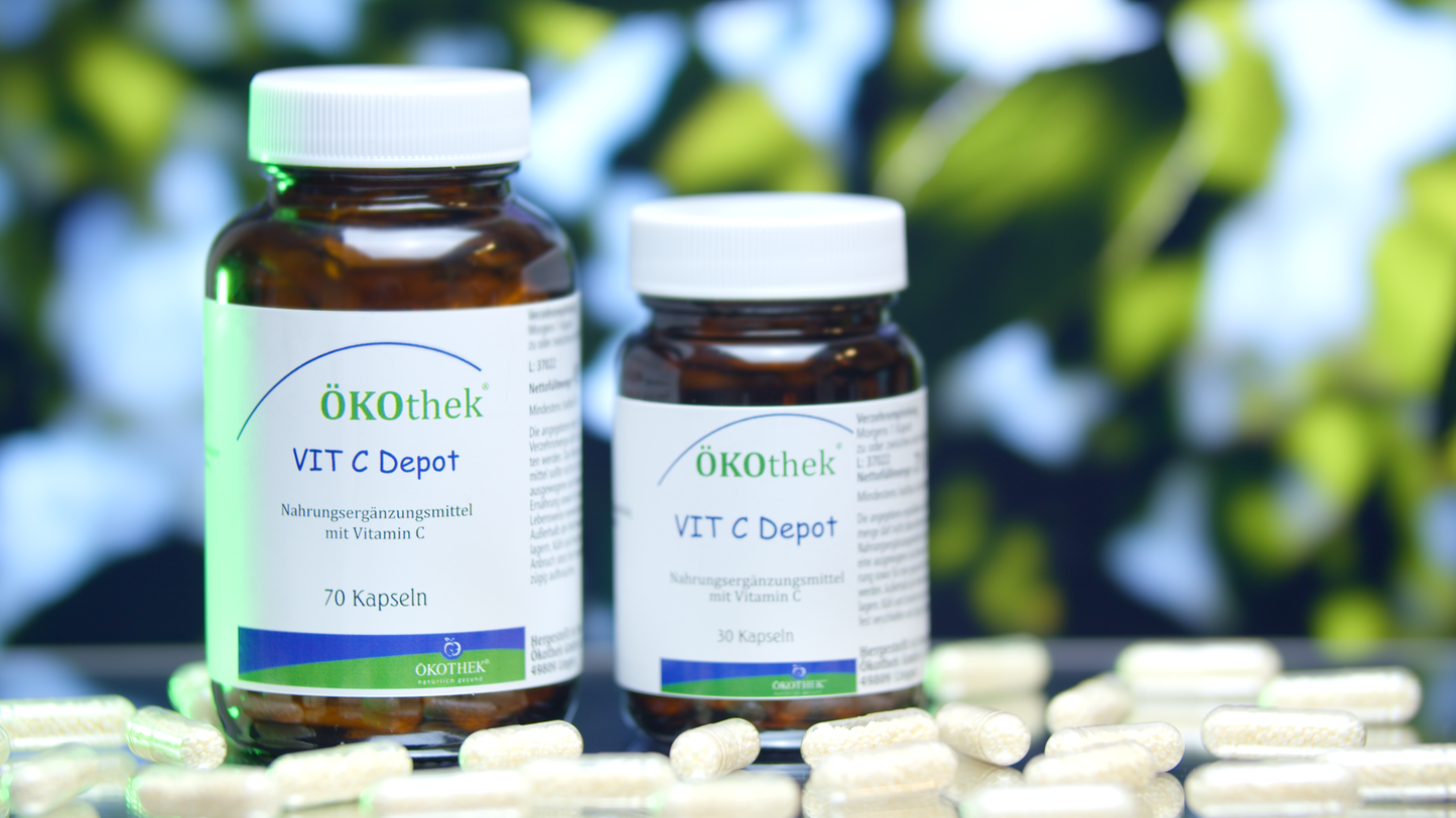 ÖKOthek Vit C Depot. Nahrungsergänzungsmittel. Front side.