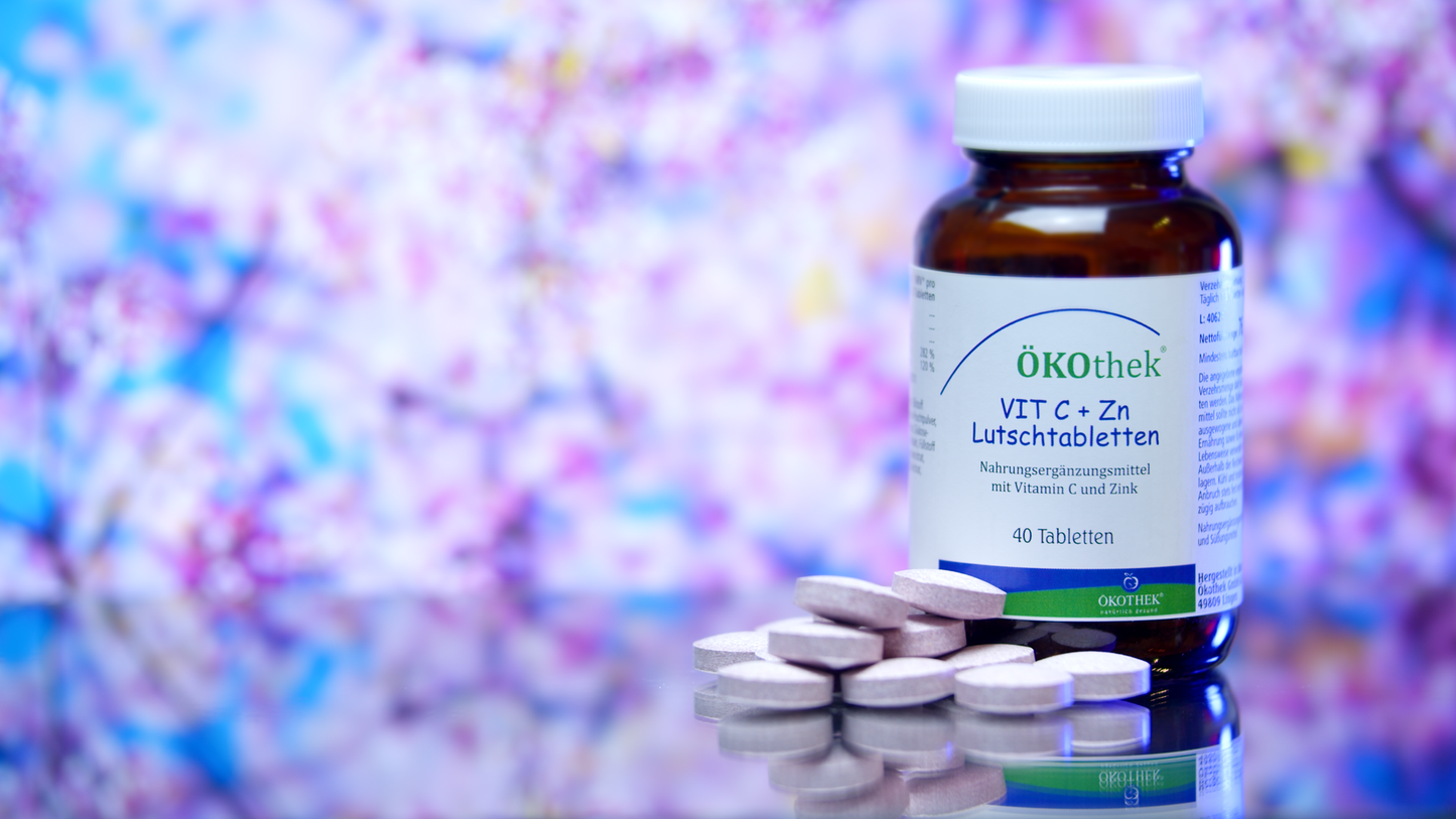 ÖKOthek Vit C+Zn Lutschtabletten. Nahrungsergänzungsmittel. Detail.